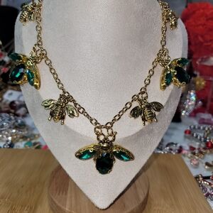 Gold and Green Bee Charm Necklace